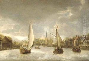 A town on the Vecht with a yacht, a ferry and other boats by Jacobus Storck