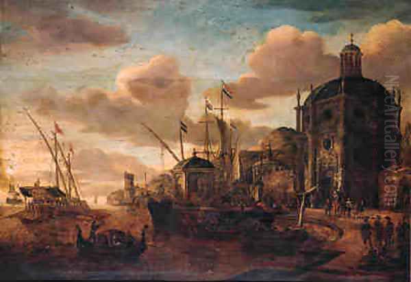 A Capriccio of a Mediterranean harbour with moored vessels by a quay, a galley at anchor beyond - view 1