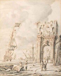 A Mediterranean harbour scene with figures by a gate, a Dutch man o'war nearby by Jacobus Storck