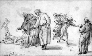 A Wounded Boy Attended By A Woman And A Man, With Figures Fleeing