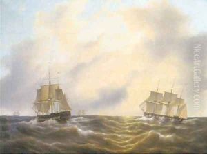Three-masters in open water by Petrus Jan Schotel