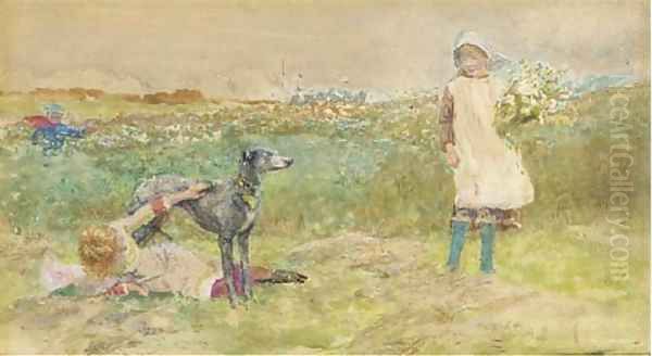 Children playing playing with a greyhound at the edge of a meadow - view 1