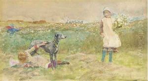 Children playing playing with a greyhound at the edge of a meadow by Lionel Percy Smythe