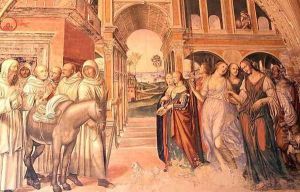Florent sends loose women to the monastery, from the Life of St. Benedict, 1497-98 by L. & Sodoma Signorelli
