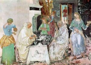 St. Benedict receiving hospitality, from the Life of St. Benedict, 1497-98