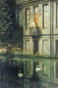 Moonlit Night (Mondnacht: Hauser am Wasser mit Schwanen) by Franz Skarbina