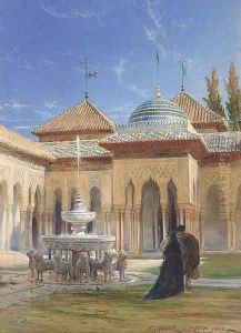 Figures in the courtyard of the Alhambra, Granada by Henry Stanier