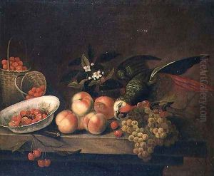 A still life of strawberries, raspberries and peaches with a parrot eating cherries by William Sartorius