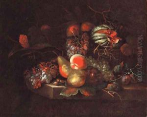 Grapes, pears, peaches, and a melon in a basket, on a stone ledge by William Sartorius