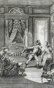 I am going to kill him..., scene from act II of The Marriage of Figaro by Pierre-Augustin Caron de Beaumarchais 1732-99 engraved by Claude Nicolas Malapeau 1755-1803 1785 by Jacques-Philip-Joseph de Saint-Quentin