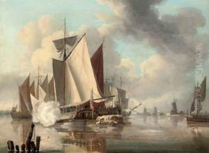 The Trinity Yacht firing a salute, a view of the Thames estuary beyond by John Thomas Serres