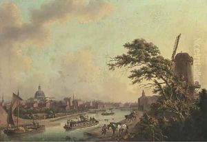 Barges on a canal, traditionally identified as the Grand Junction Canal by John Thomas Serres