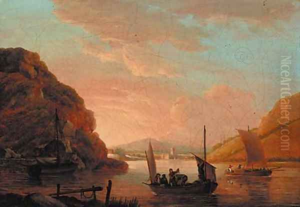 Fishermen in a boat in an extensive river landscape, a church beyond - view 1