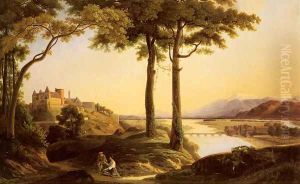 Figures in an Extensive River Landscape with a Castle Beyond by Francisque Jean Schaeffer-Berger