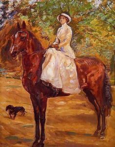 Dame im weissen Reitkleid zu Pferde by Max Slevogt