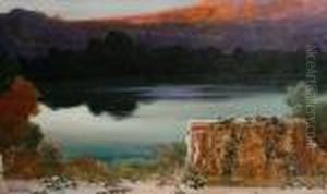 Lake Scene At Sunset by Enrique Serra y Auque
