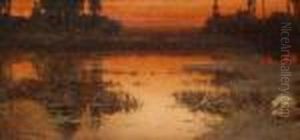 A Lake Landscape At Sunset by Enrique Serra y Auque