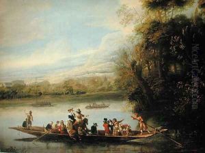 A landscape with a crowded ferry crossing the water in the foreground