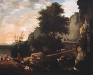 Cowherds and cattle on a footbridge in an Italianate landscape