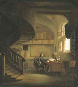 The interior of a study with a philosopher at a table by a window by Willem Schellinks