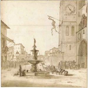A view of the Piazza del Duomo, Messina, with the Fountain of Orion, the Cathedral to the right by Willem Schellinks