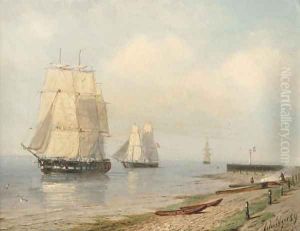 Sailingvessels along a shore by Petrus Paulus Schiedges