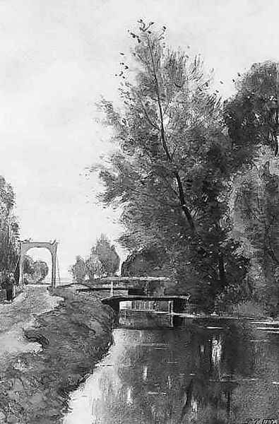 A summer landscape with a peasant-woman walking along a canal towards a bridge - view 1
