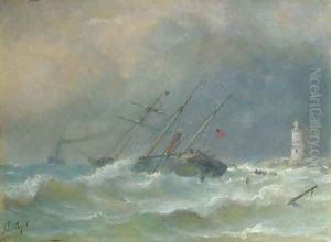 A three-master in distress near a coast by Petrus Paulus Schiedges