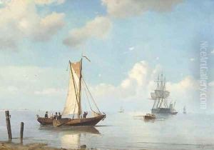 A three-master unloading on a calm summer's day by Petrus Paulus Schiedges