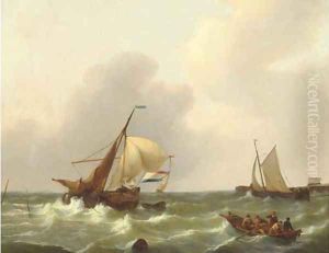 Dutch vessels on a choppy sea by a harbour entrance by Johannes Christian Schotel
