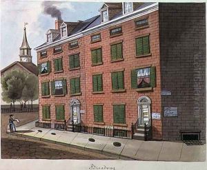Broadway, looking south from below Prince Street, engraved by P. Girardet, pub. by M. Knoedler, 1857 by Hyppolyte Victor Valentin Sebron