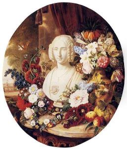 A Still Life With Assorted Flowers, Fruit And A Marble Bust Of A Woman by Virginie de Sartorius