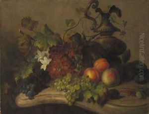 Still life with fruit and flowers on a marble ledge by Virginie de Sartorius