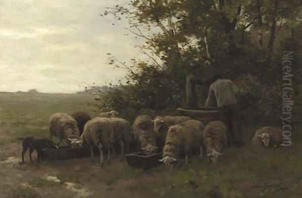 A shepherd and flock by a well on the heath - view 1