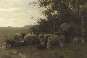 A shepherd and flock by a well on the heath by Willem II Steelink