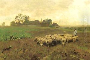 A shepherd with his flock by a farm by Willem II Steelink