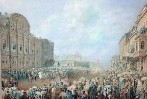 Military Review on the Nevsky Avenue at the Beloselsky-Belozersky Palace, 1859 by Vasili Semenovich Sadovnikov
