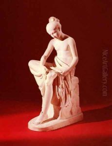 A Carved White Marble Figure of a Seated Maiden by Rudolf Schadow