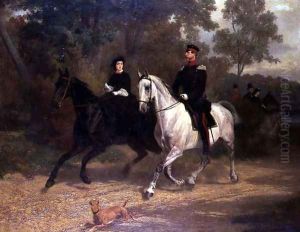 A Lady and an Officer, possibly Crown Prince and Princess of Prussia, riding in a park by Carl Steffeck