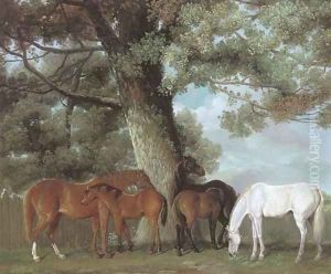 Mares and foals beneath a large oak tree by George Townley Stubbs
