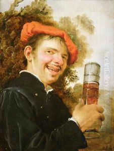 A man in a landscape, raising a beer glass