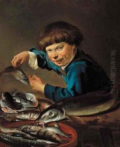 A boy standing by a table laden with fish by Petrus Staverenus