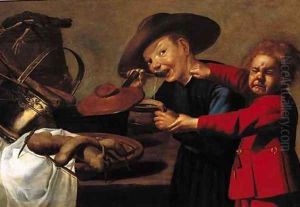 Boys quarrelling over a bowl of soup in a kitchen by Petrus Staverenus