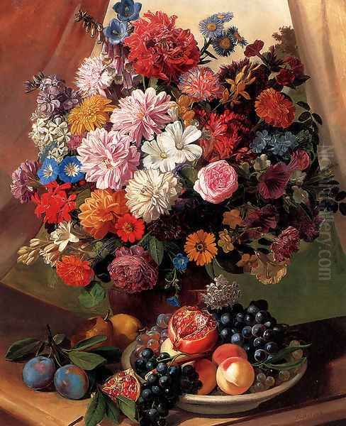Roses, Morning Glory,Carnations, Peonies and Michaelmas Daisies in a Vase with Peaches, Grapes and a Pomegranate in a Bowl and Pears and Plums on a stone Ledge - view 1
