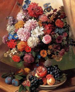 Roses, Morning Glory,Carnations, Peonies and Michaelmas Daisies in a Vase with Peaches, Grapes and a Pomegranate in a Bowl and Pears and Plums on a stone Ledge by Leopold van Stoll