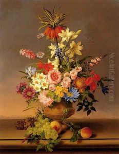 Still Life Of Various Flowers In A vase With Bunches Of Grapes And Peaches, All Resting On A Ledge With A Landscape Beyond by Leopold van Stoll
