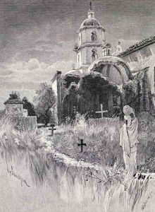 Graveyard and mission, San Luis Rey de Francia, California, from the book The Century Illustrated Monthly Magazine, May to October, 1883 by Henry Sandham