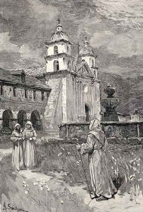 Fountain and mission, Santa Barbara, California, from the book The Century Illustrated Monthly Magazine, May to October, 1883 by Henry Sandham