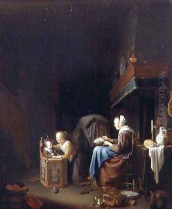 Woman Making Lace with Two Children, c.1670 by Pieter Cornelisz. van SLINGELANDT