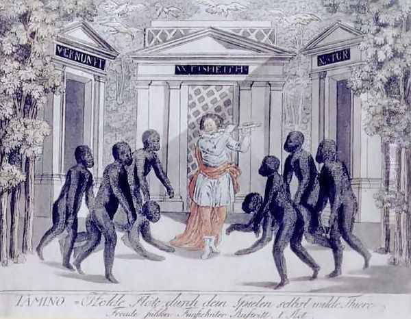 Tamino plays the magic flute to ward off the wild beasts, Act I scene xv, from The Magic Flute by Wolfgang Amadeus Mozart 1756-91, c.1793 - view 1